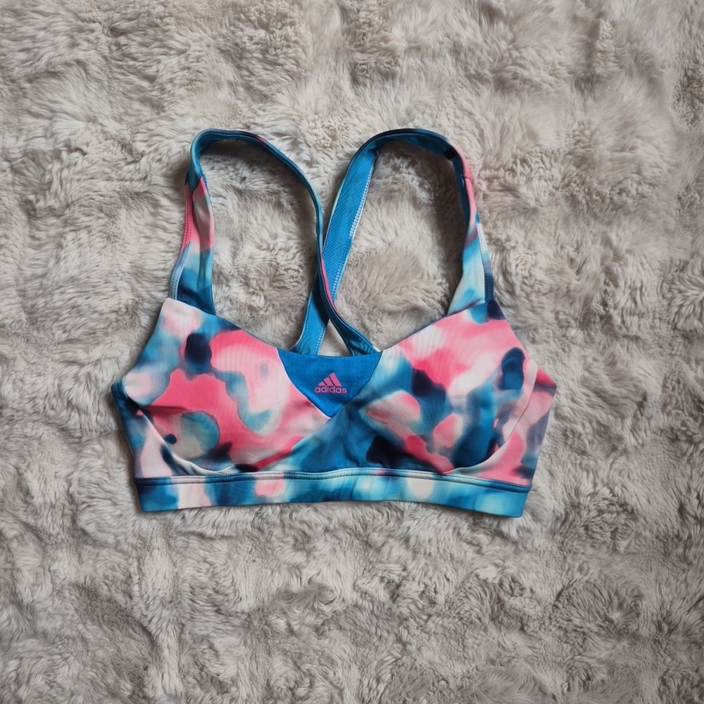 Womens Adidas Sports Bra Size Medium M Pink Blue Artsy Swirl Tie Dye Gym Athleti